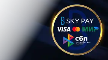 Изображение популярных платежных логотипов, таких как Visa, Mastercard и МИР, а также Sky Pay, подчеркивающее гибкость платежей в Онлайн-казино Enomo казино.